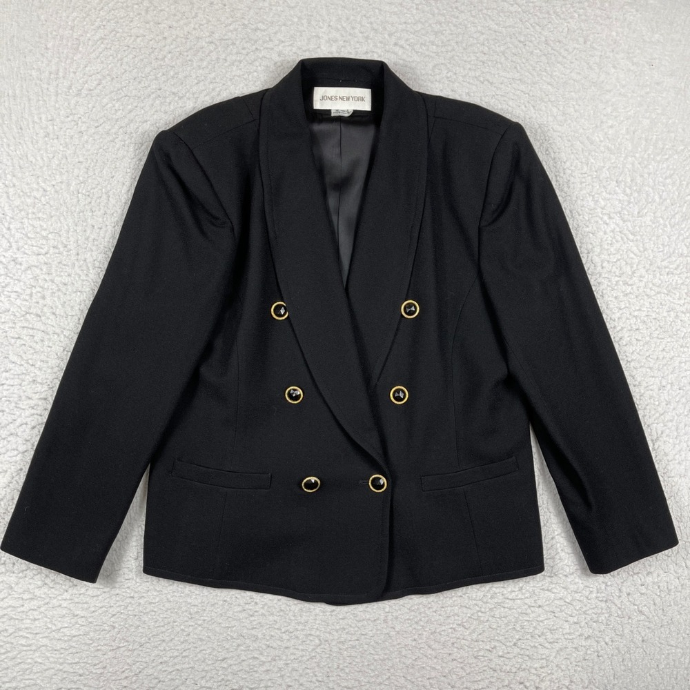 Jones New York Blazer Women 16 Black Double Breasted Gold Button Shawl Lapel USA